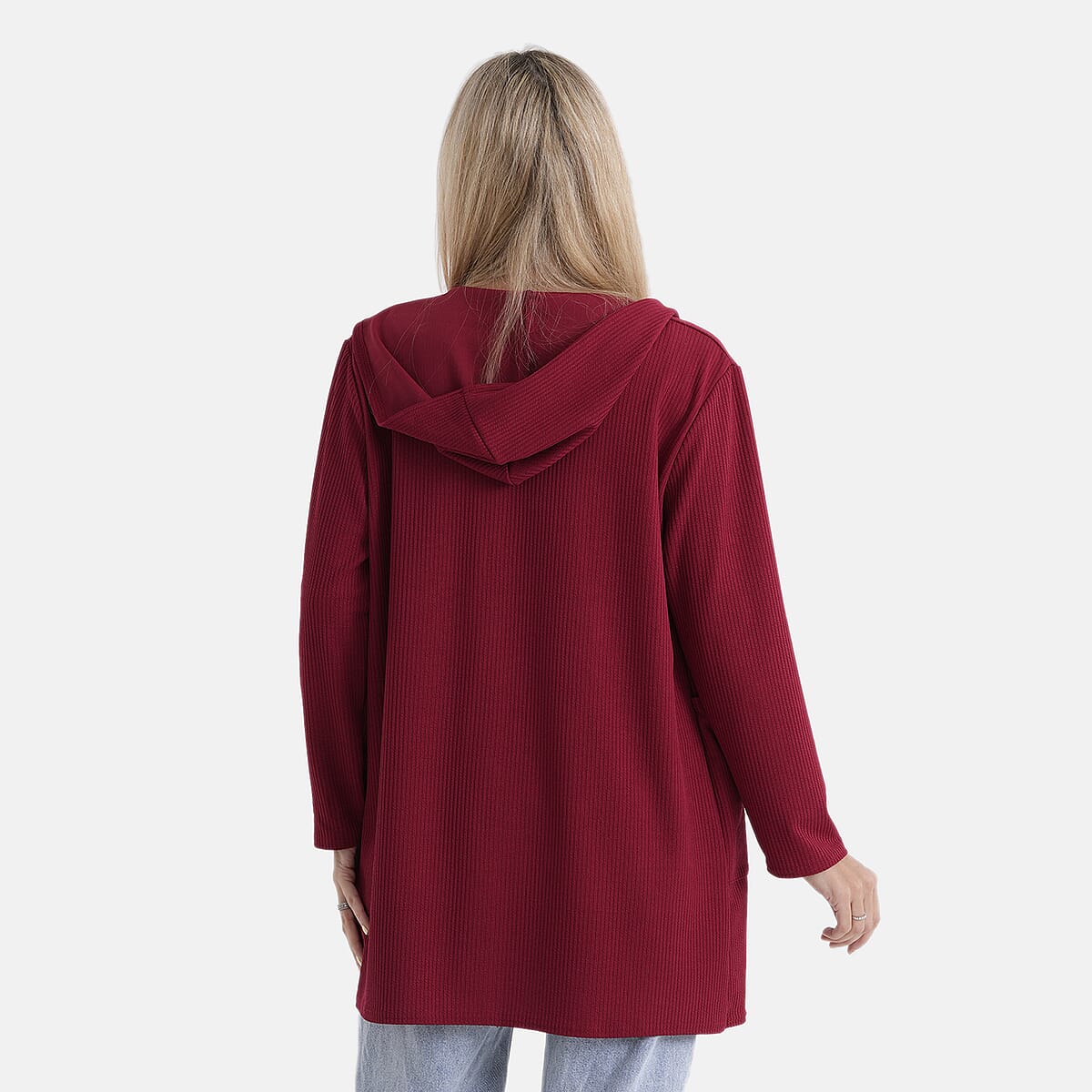 La Marey Red Long Knit Cardigan with Hood and Pockets - One Size Fits Most image number 2