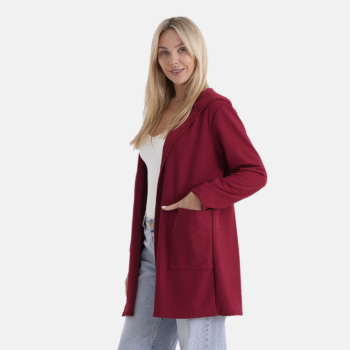 La Marey Red Long Knit Cardigan with Hood and Pockets - One Size Fits Most image number 3