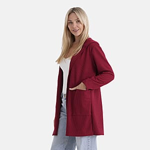La Marey Red Long Knit Cardigan with Hood and Pockets - One Size Fits Most