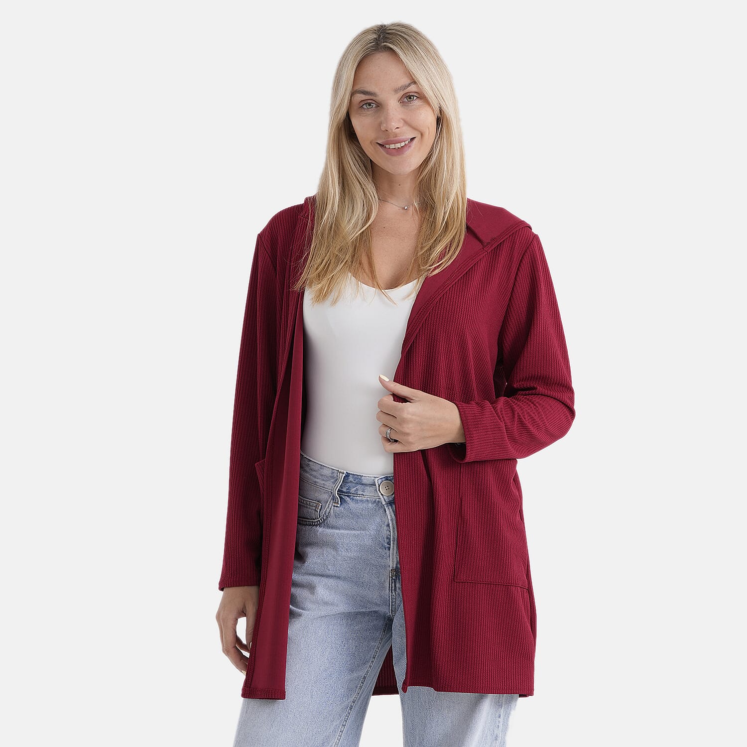 La Marey Red Long Knit Cardigan with Hood and Pockets - One Size Fits Most