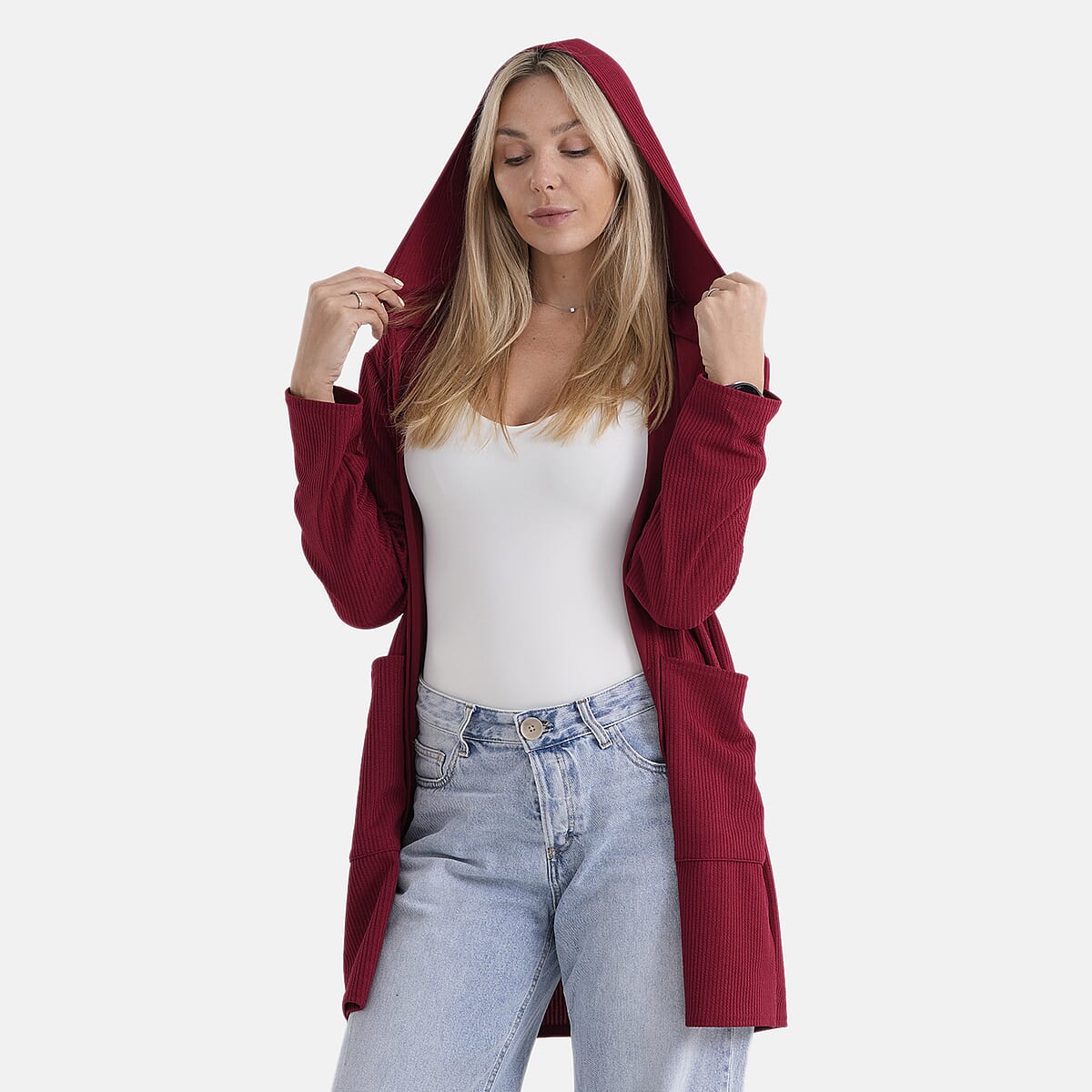 La Marey Red Long Knit Cardigan with Hood and Pockets - One Size Fits Most image number 5