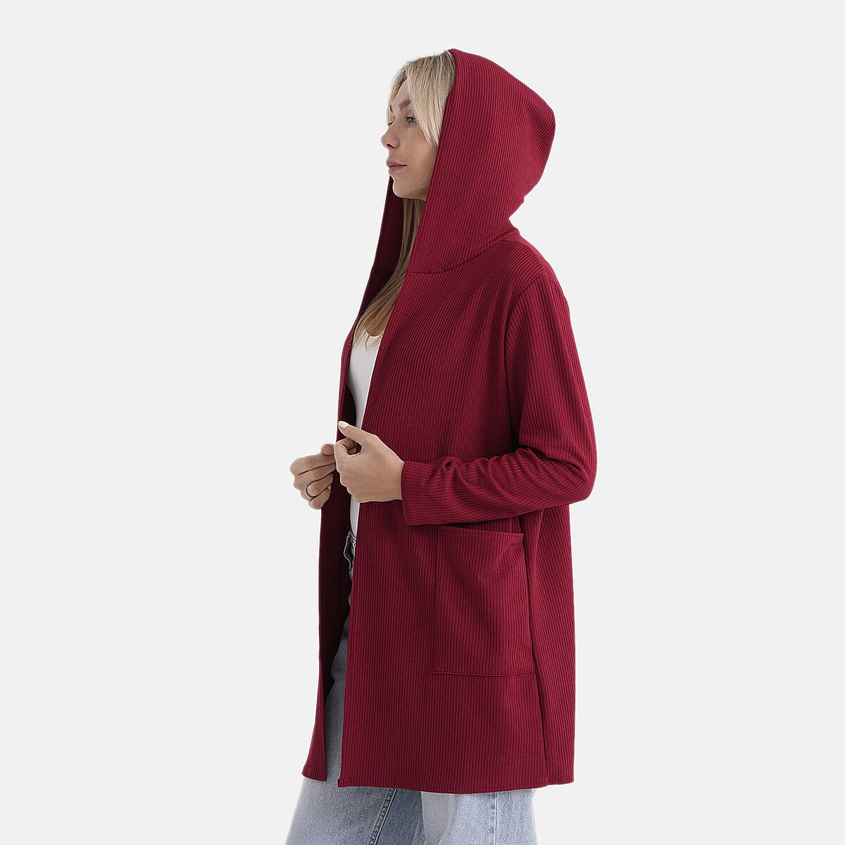 La Marey Red Long Knit Cardigan with Hood and Pockets - One Size Fits Most image number 6