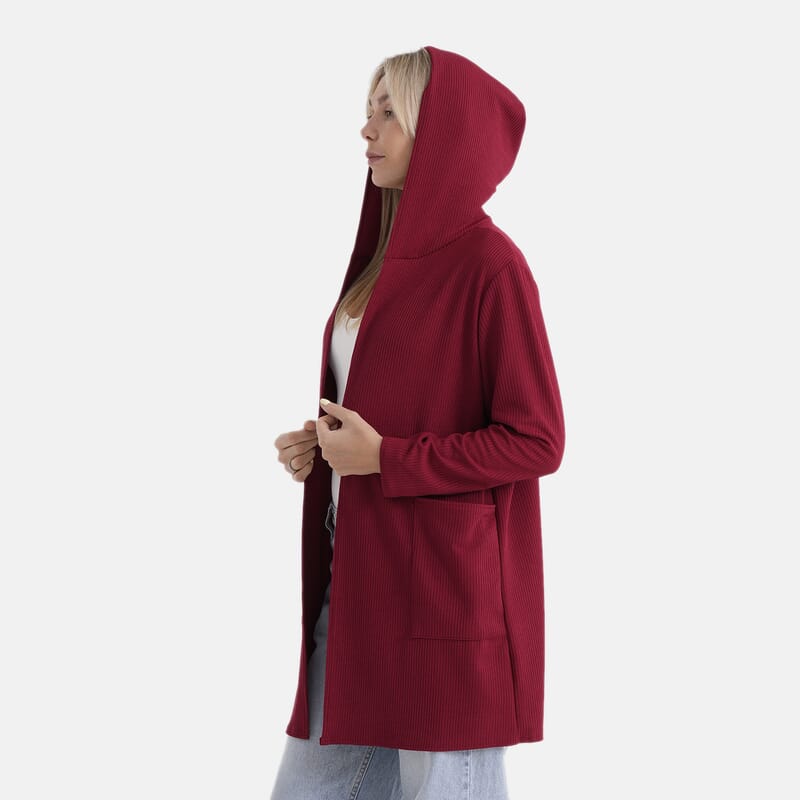 La Marey Red Long Knit Cardigan with Hood and Pockets - One Size Fits Most