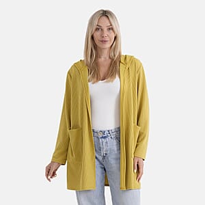 La Marey Yellow Long Knit Cardigan with Hood and Pockets - One Size Fits Most