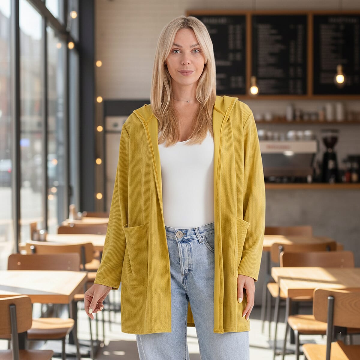 La Marey Yellow Long Knit Cardigan with Hood and Pockets - One Size Fits Most image number 1