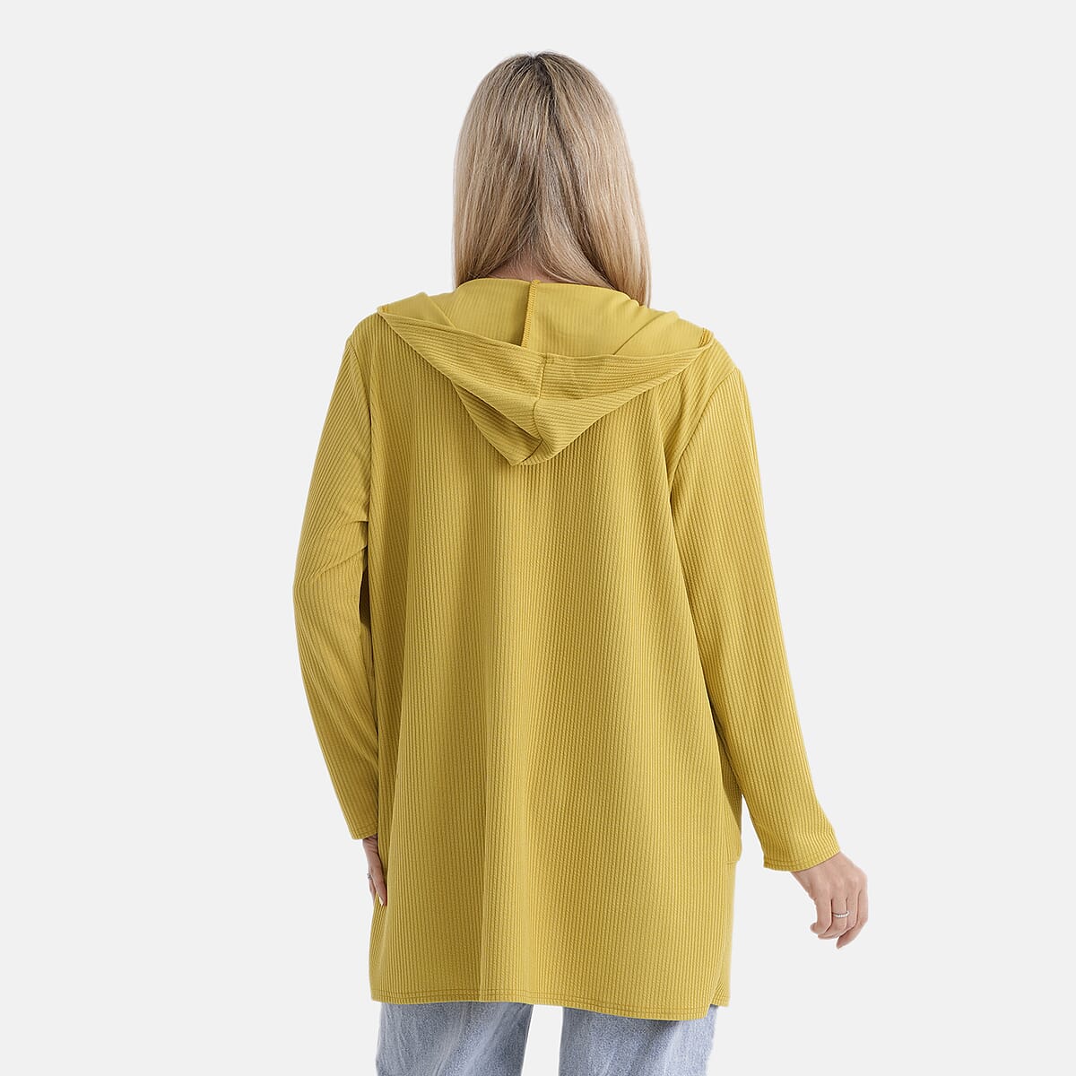 La Marey Yellow Long Knit Cardigan with Hood and Pockets - One Size Fits Most image number 2