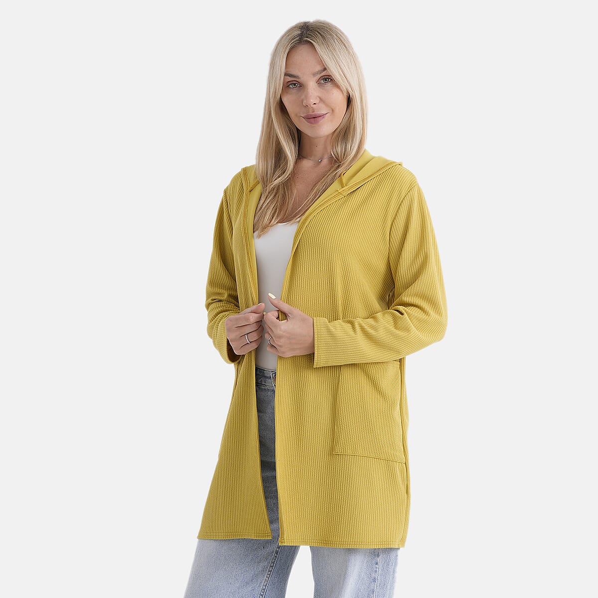 La Marey Yellow Long Knit Cardigan with Hood and Pockets - One Size Fits Most image number 3
