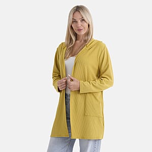 La Marey Yellow Long Knit Cardigan with Hood and Pockets - One Size Fits Most