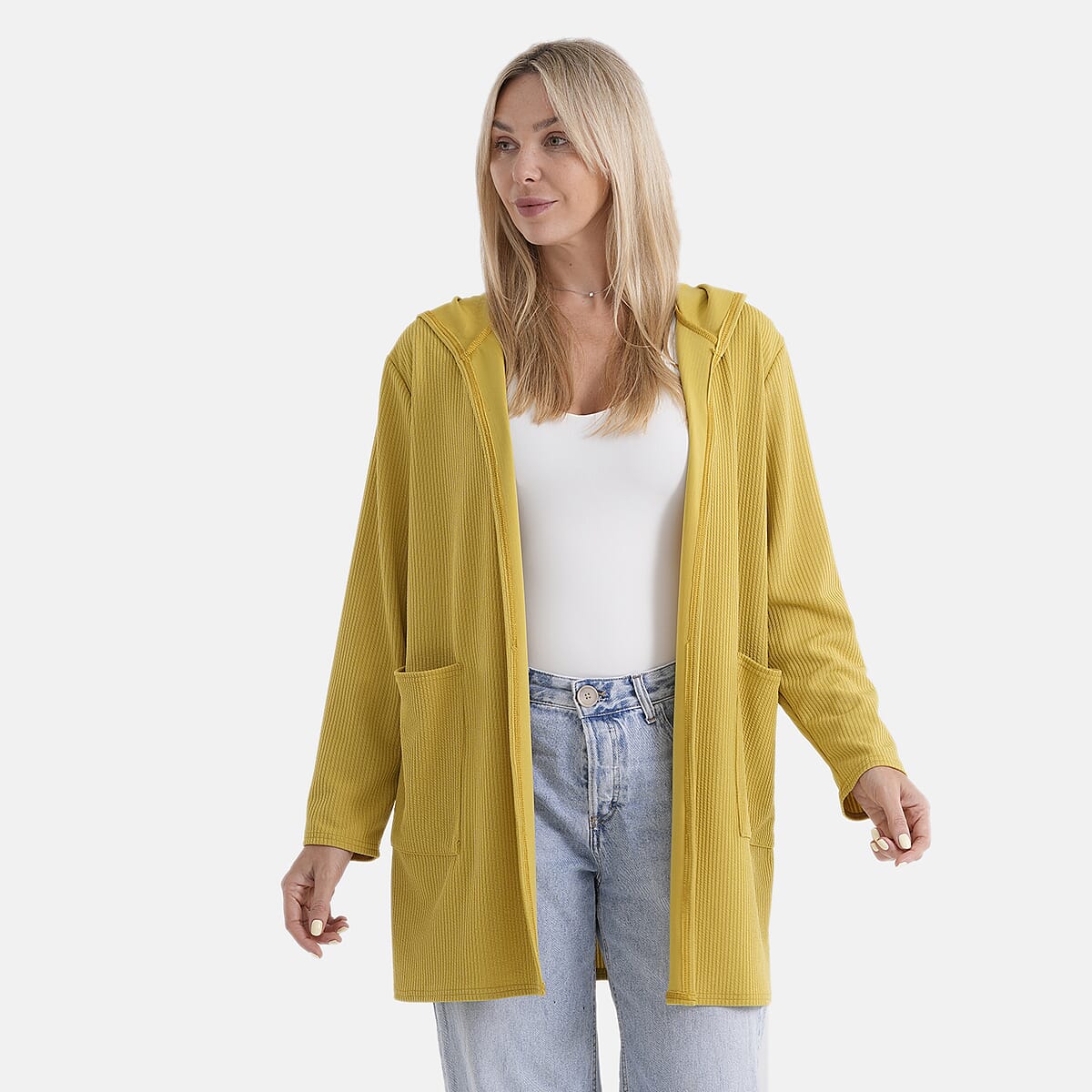 La Marey Yellow Long Knit Cardigan with Hood and Pockets - One Size Fits Most image number 4