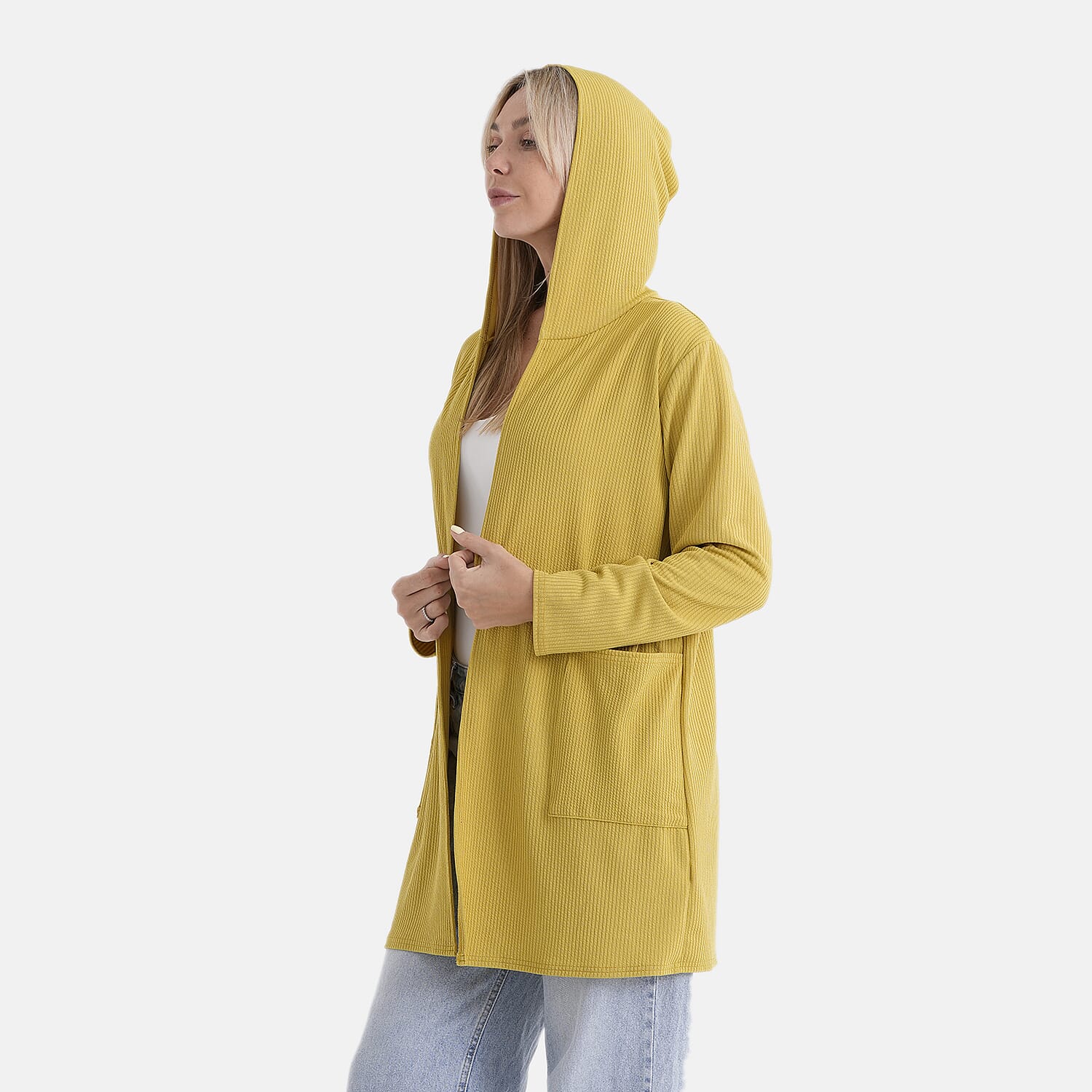 La Marey Yellow Long Knit Cardigan with Hood and Pockets - One Size Fits Most