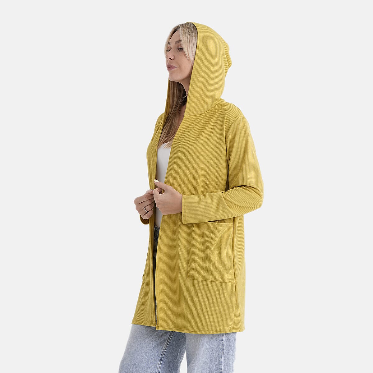 La Marey Yellow Long Knit Cardigan with Hood and Pockets - One Size Fits Most image number 5