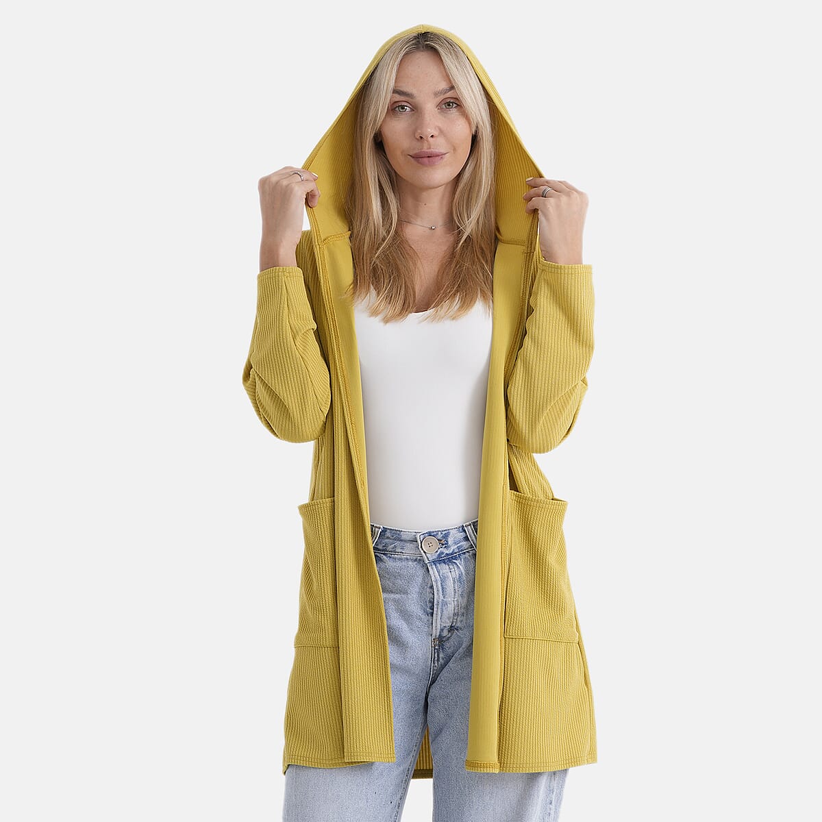 La Marey Yellow Long Knit Cardigan with Hood and Pockets - One Size Fits Most image number 6