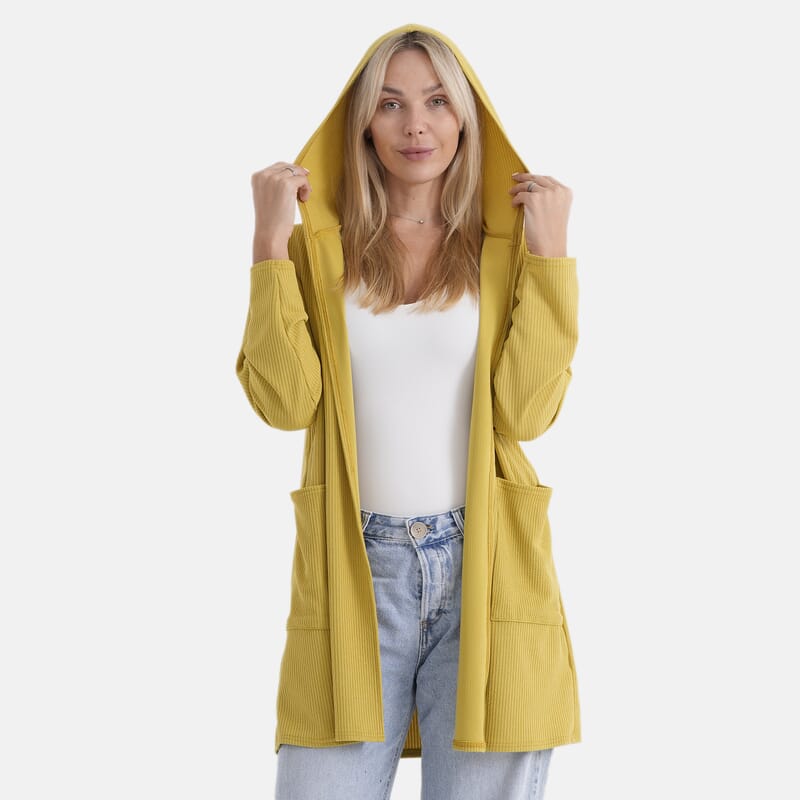 La Marey Yellow Long Knit Cardigan with Hood and Pockets - One Size Fits Most