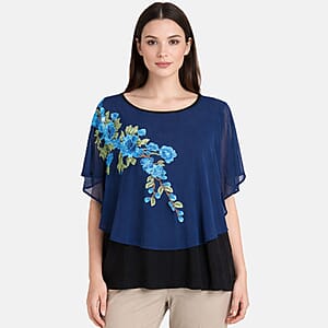 La Marey Navy Chiffon 2 Layer Floral Applique Top - One Size Plus