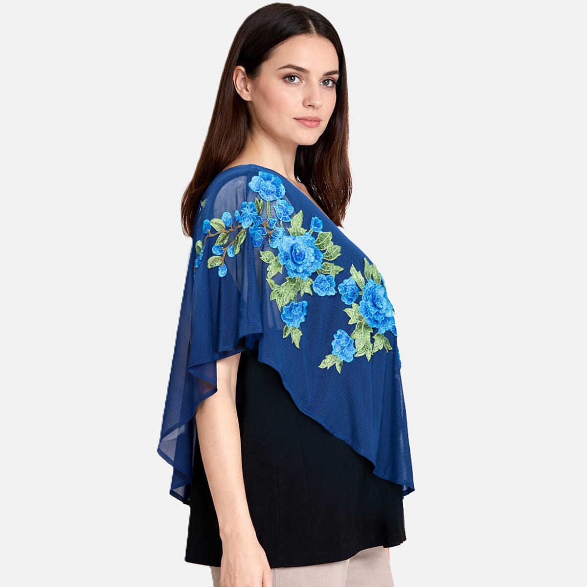 La Marey Navy Chiffon 2 Layer Floral Applique Top - One Size Plus image number 2