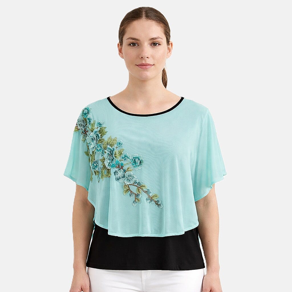 La Marey Turquoise Chiffon 2 Layer Floral Applique Top - One Size Plus