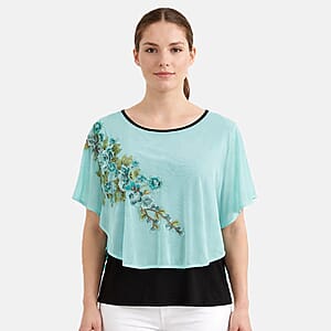La Marey Turquoise Chiffon 2 Layer Floral Applique Top - One Size Plus