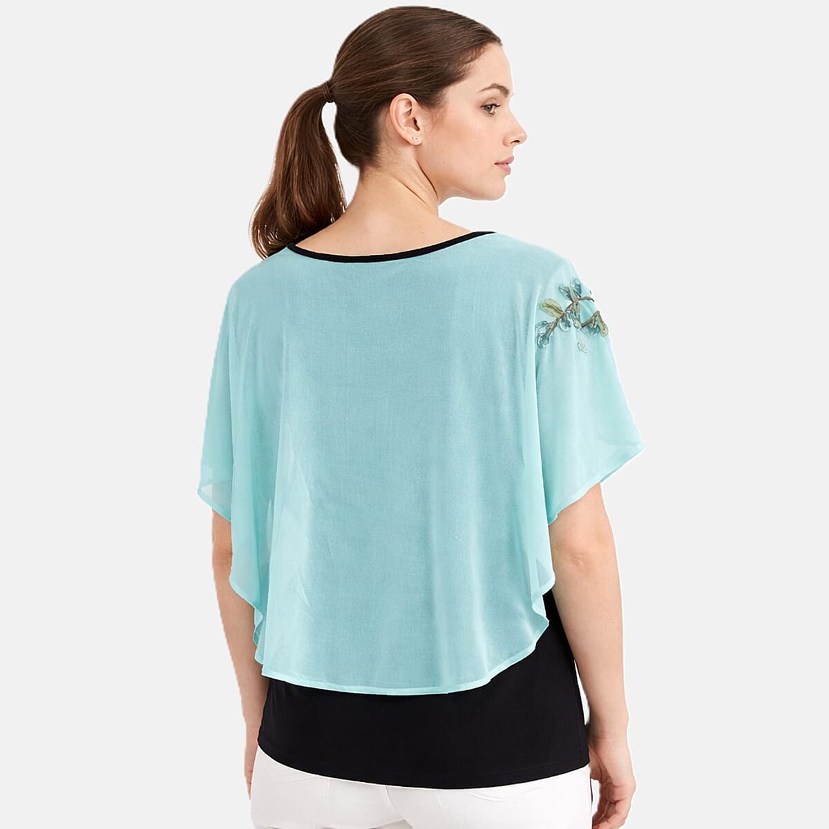 La Marey Turquoise Chiffon 2 Layer Floral Applique Top - One Size Plus image number 1