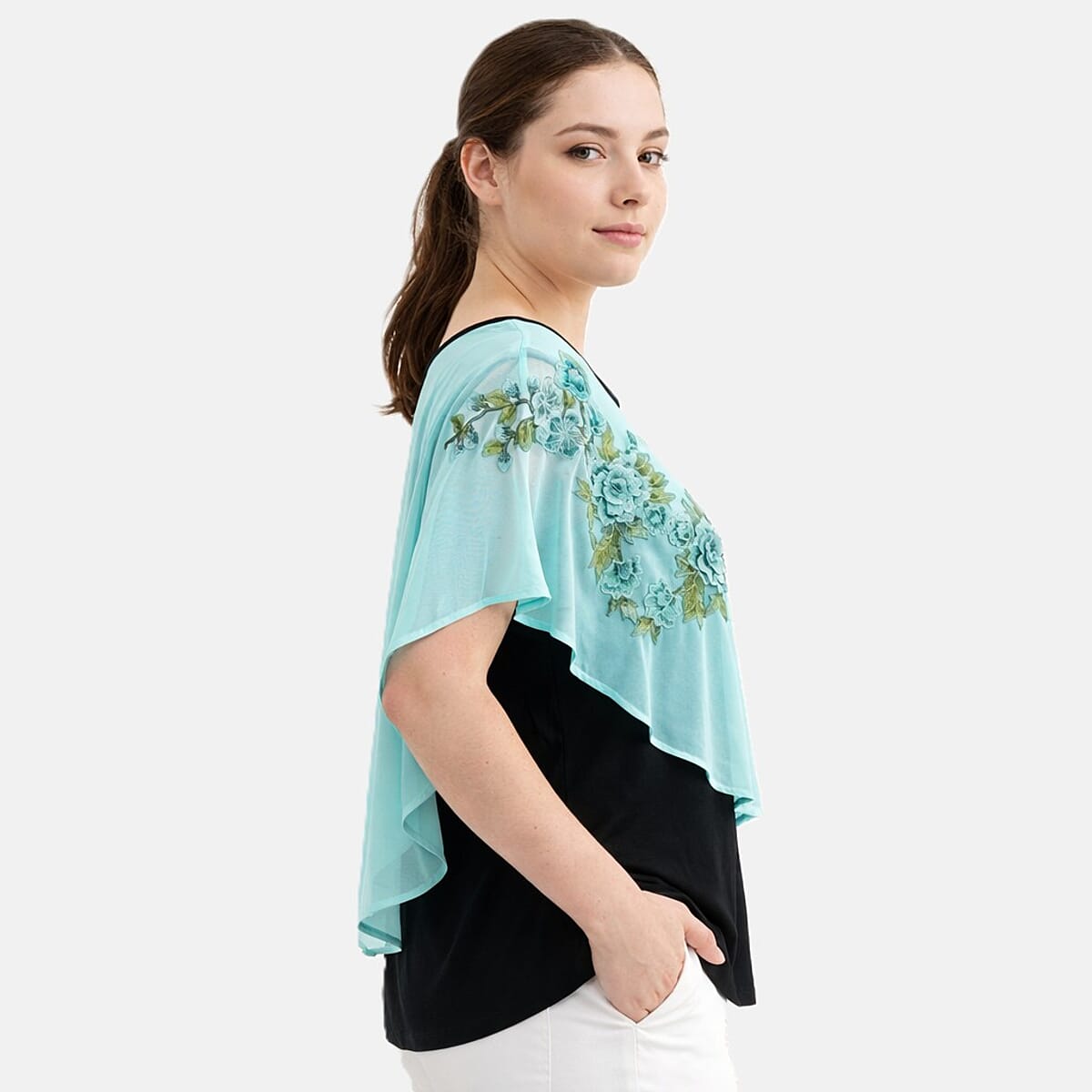La Marey Turquoise Chiffon 2 Layer Floral Applique Top - One Size Plus image number 2