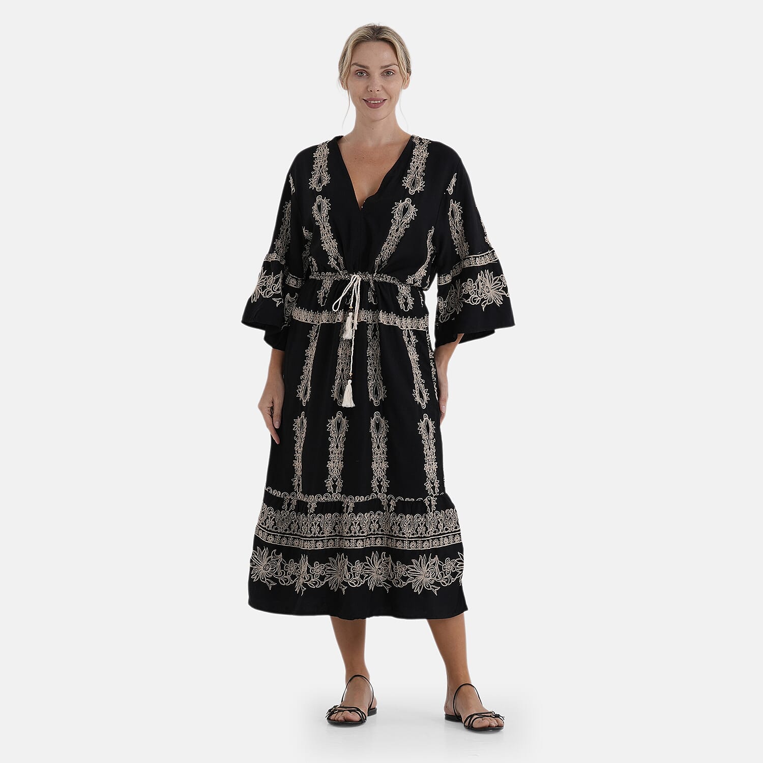 La Marey Black and Beige Embroidered Wove 3/4 Sleeve Dress Cover-up - One Size Fits Most