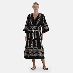 La Marey Black and Beige Embroidered Wove 3/4 Sleeve Dress Cover-up - One Size Fits Most