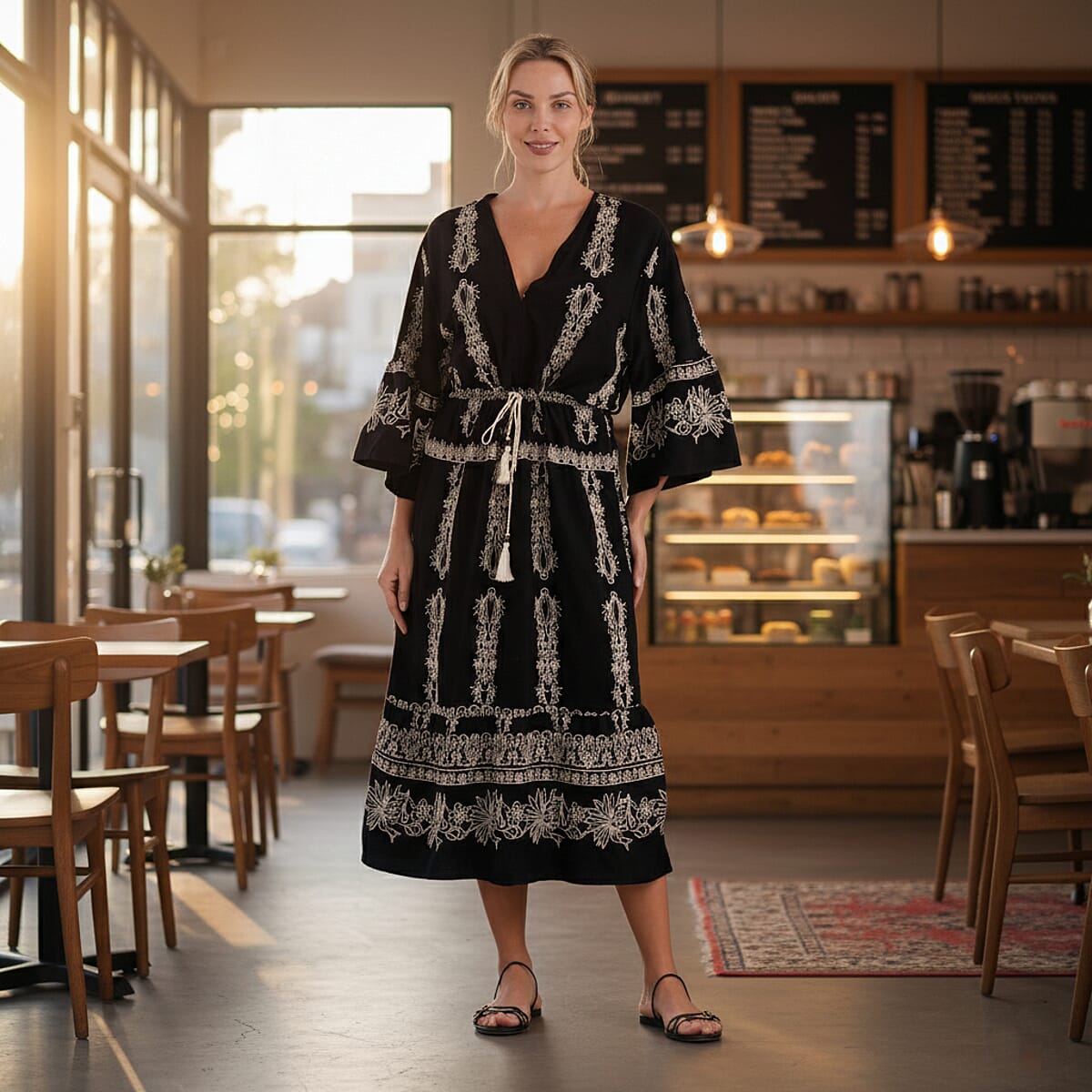 La Marey Black and Beige Embroidered Wove 3/4 Sleeve Dress Cover-up - One Size Fits Most image number 1