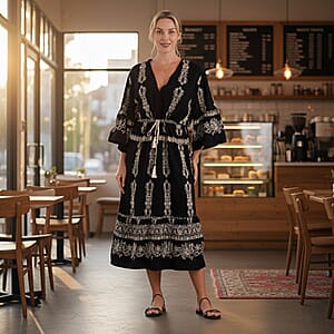 La Marey Black and Beige Embroidered Wove 3/4 Sleeve Dress Cover-up - One Size Fits Most