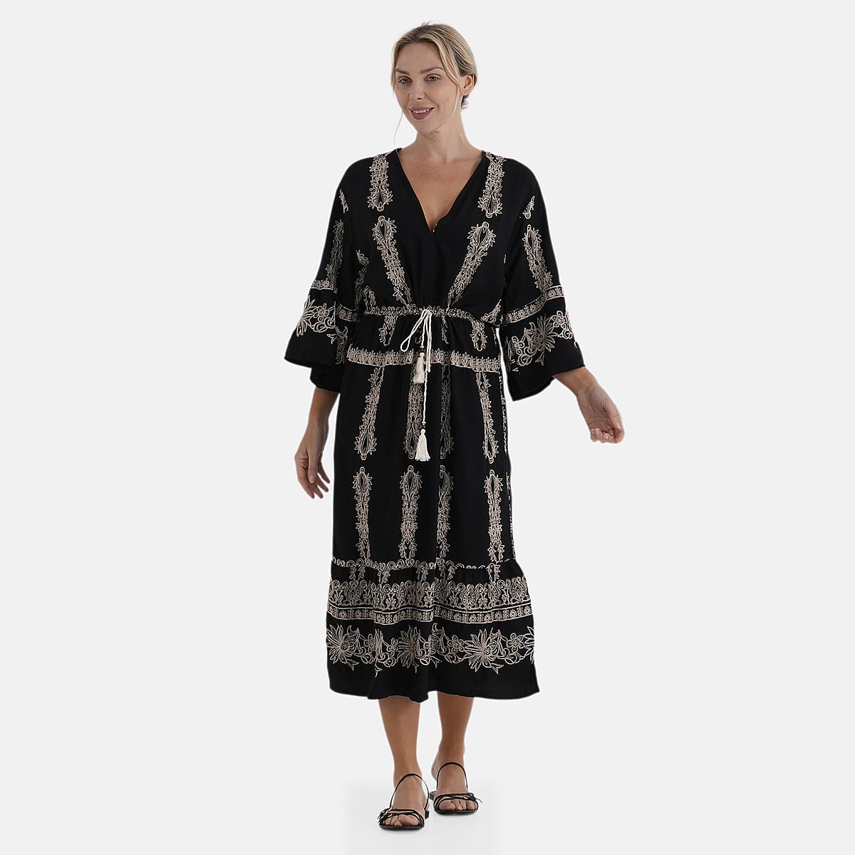 La Marey Black and Beige Embroidered Wove 3/4 Sleeve Dress Cover-up - One Size Fits Most image number 2