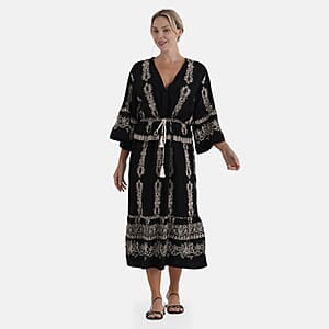 La Marey Black and Beige Embroidered Wove 3/4 Sleeve Dress Cover-up - One Size Fits Most