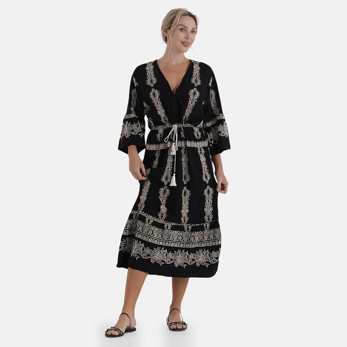 La Marey Black and Beige Embroidered Wove 3/4 Sleeve Dress Cover-up - One Size Fits Most image number 3