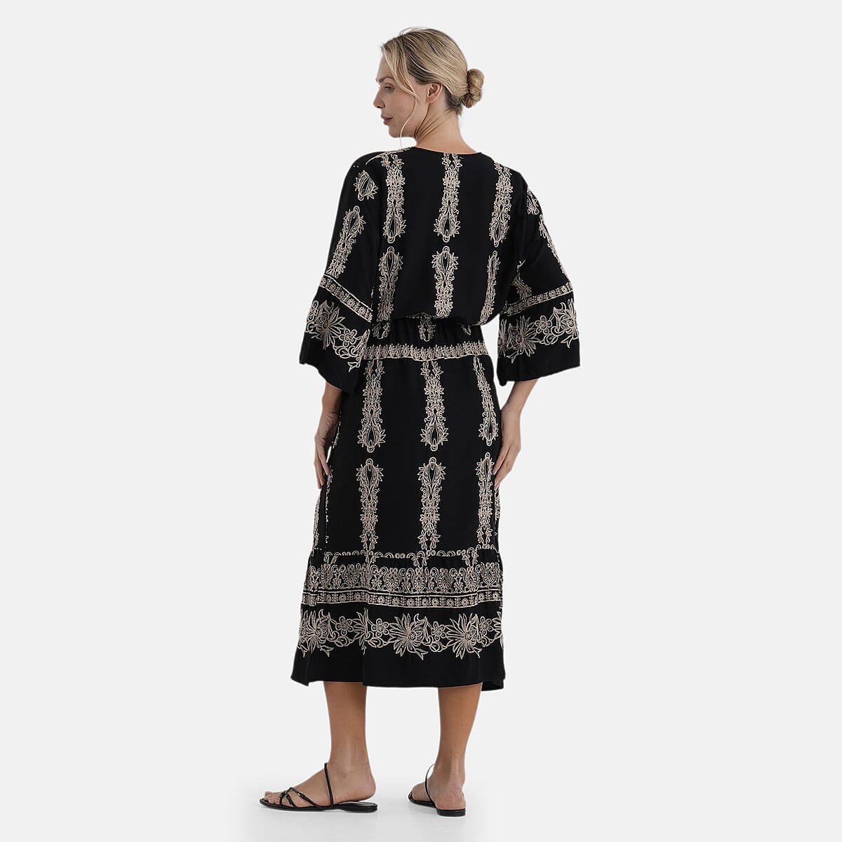 La Marey Black and Beige Embroidered Wove 3/4 Sleeve Dress Cover-up - One Size Fits Most image number 4