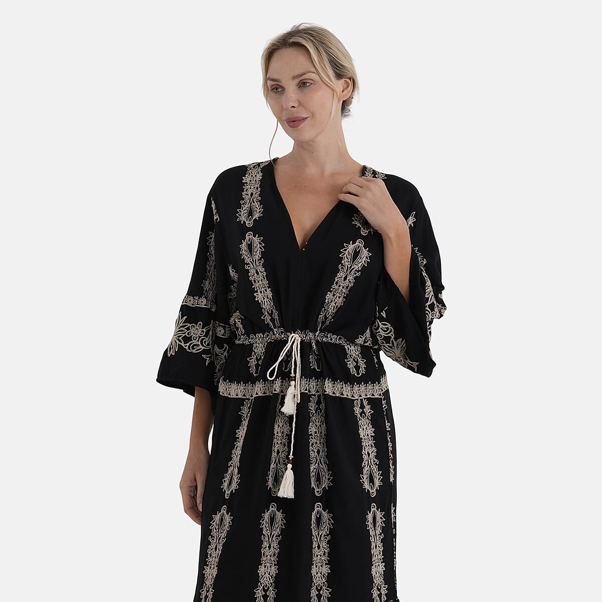 La Marey Black and Beige Embroidered Wove 3/4 Sleeve Dress Cover-up - One Size Fits Most image number 5