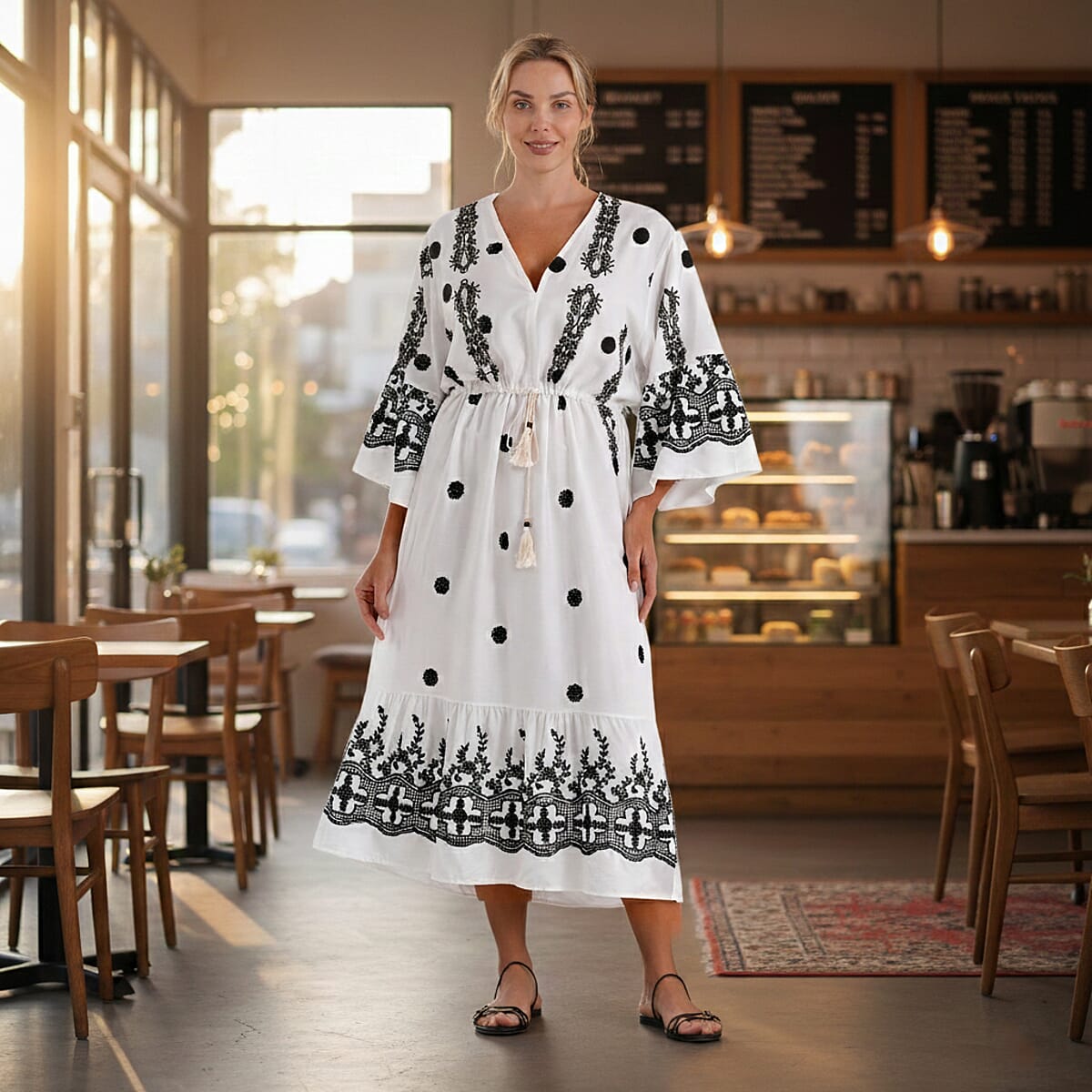 La Marey Beige and Black Embroidered Wove 3/4 Sleeve Dress Cover-up - One Size Fits Most image number 1