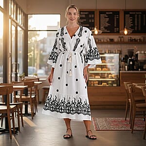 La Marey Beige and Black Embroidered Wove 3/4 Sleeve Dress Cover-up - One Size Fits Most
