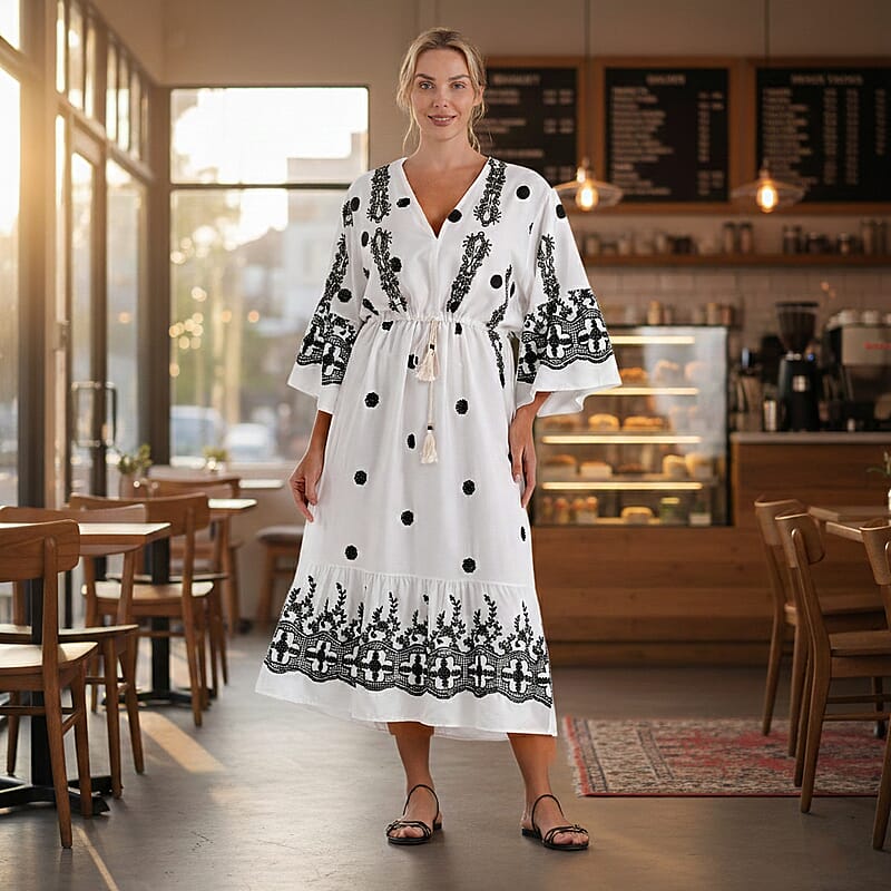 La Marey White and Black Embroidered Wove 3/4 Sleeve Dress Cover-up - One Size Fits Most