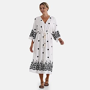La Marey Beige and Black Embroidered Wove 3/4 Sleeve Dress Cover-up - One Size Fits Most
