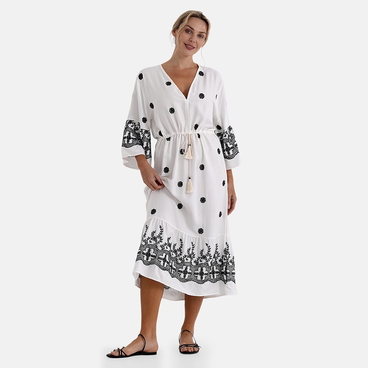 La Marey Beige and Black Embroidered Wove 3/4 Sleeve Dress Cover-up - One Size Fits Most image number 3