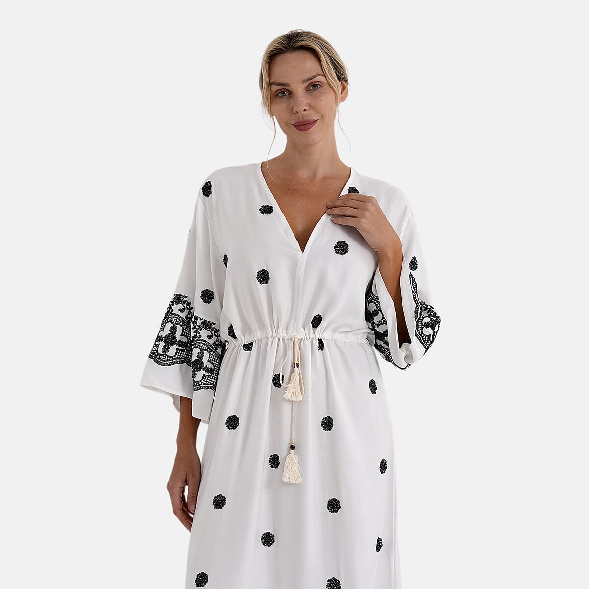 La Marey Beige and Black Embroidered Wove 3/4 Sleeve Dress Cover-up - One Size Fits Most image number 5