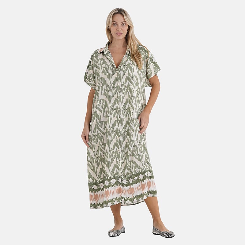 La Marey Woven Long Print Dress in White with Green Flower Pattern - One Size Fits Most