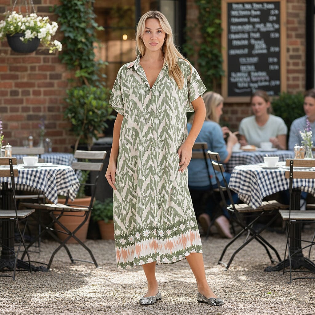 La Marey Woven Long Print Dress in White with Green Flower Pattern - One Size Fits Most