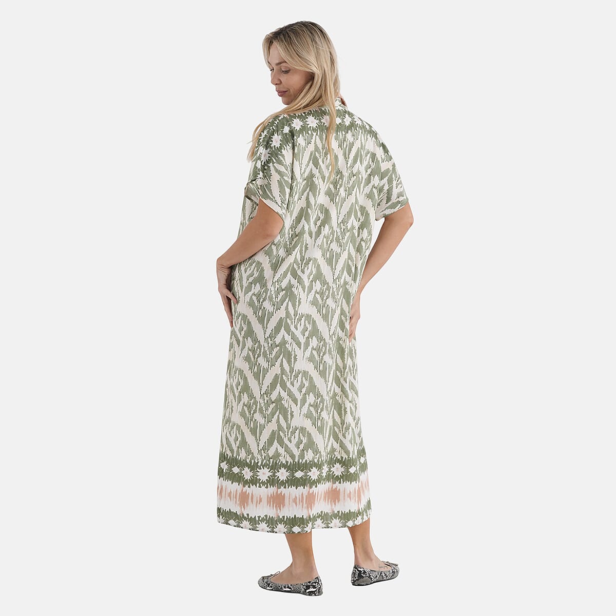 La Marey Woven Long Print Dress in White with Green Flower Pattern - One Size Fits Most image number 2