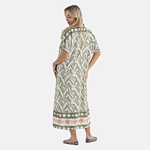 La Marey Woven Long Print Dress in White with Green Flower Pattern - One Size Fits Most