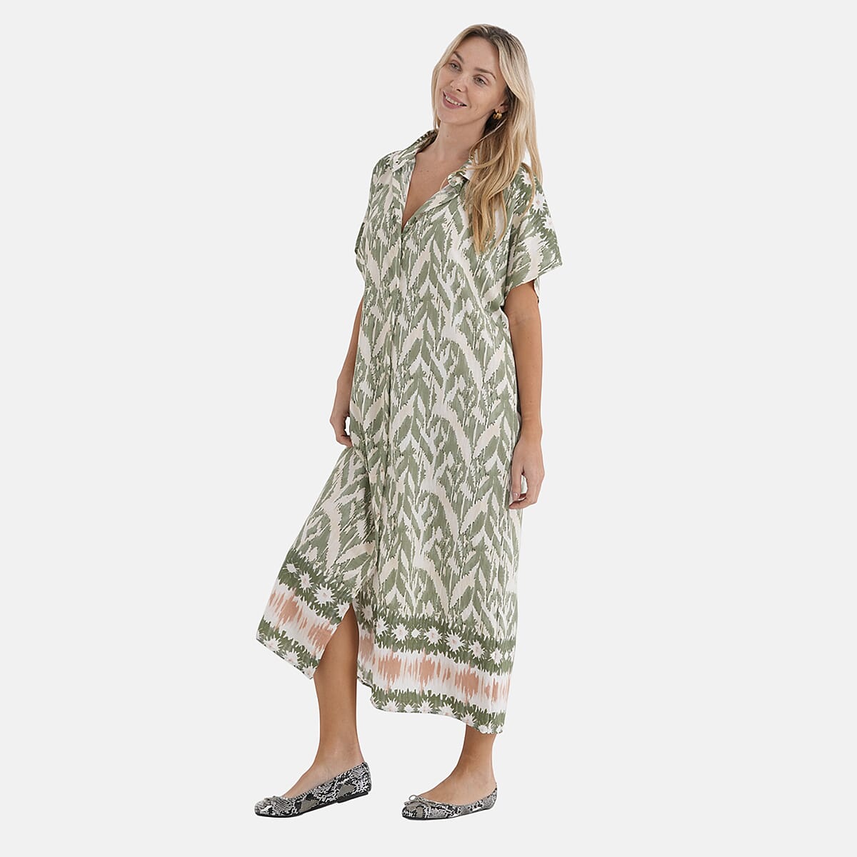 La Marey Woven Long Print Dress in White with Green Flower Pattern - One Size Fits Most image number 3