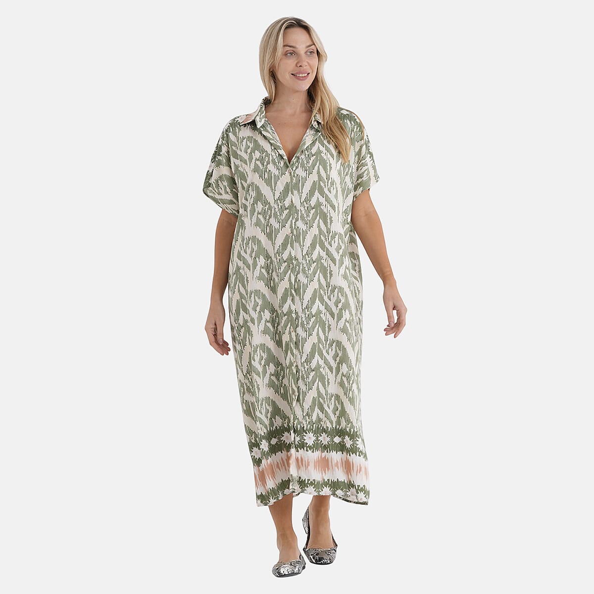 La Marey Woven Long Print Dress in White with Green Flower Pattern - One Size Fits Most image number 4
