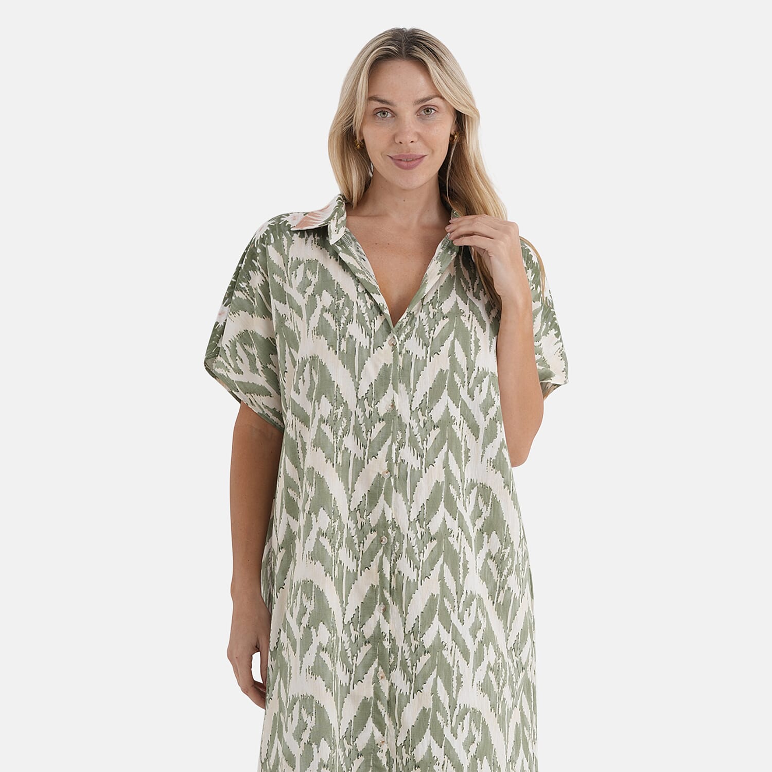 La Marey Woven Long Print Dress in White with Green Flower Pattern - One Size Fits Most