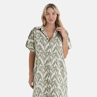 La Marey Woven Long Print Dress in White with Green Flower Pattern - One Size Fits Most