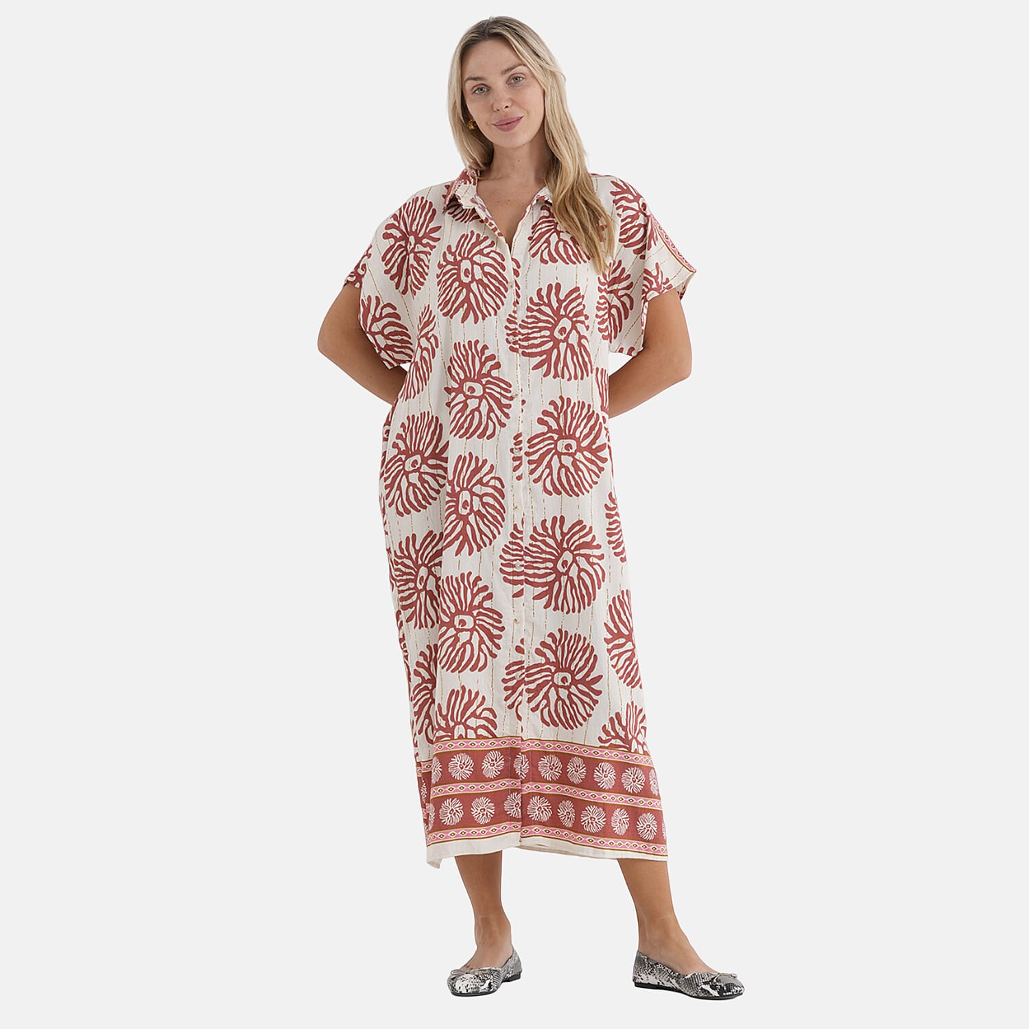 La Marey Woven Long Print Dress in White with Red Flower Pattern - One Size Fits Most