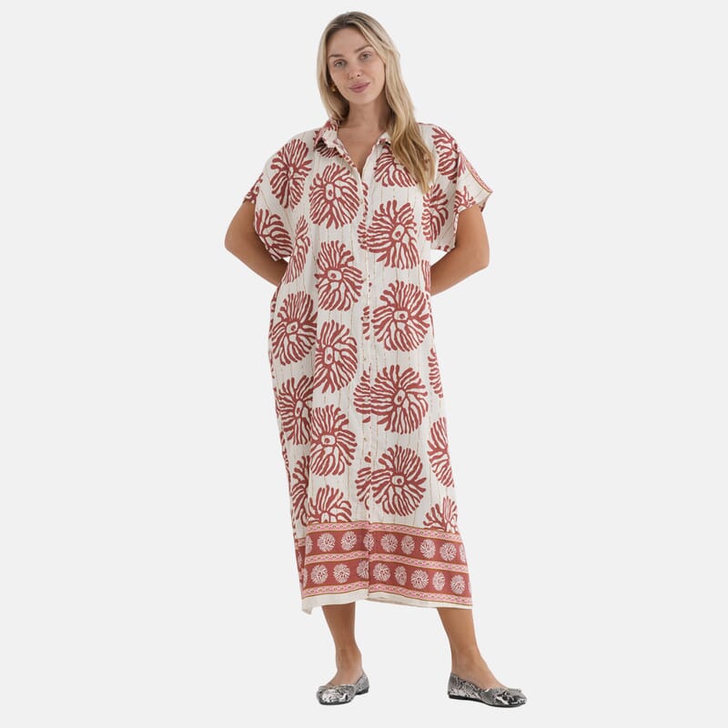 La Marey Woven Long Print Dress in White with Red Flower Pattern - One Size Fits Most