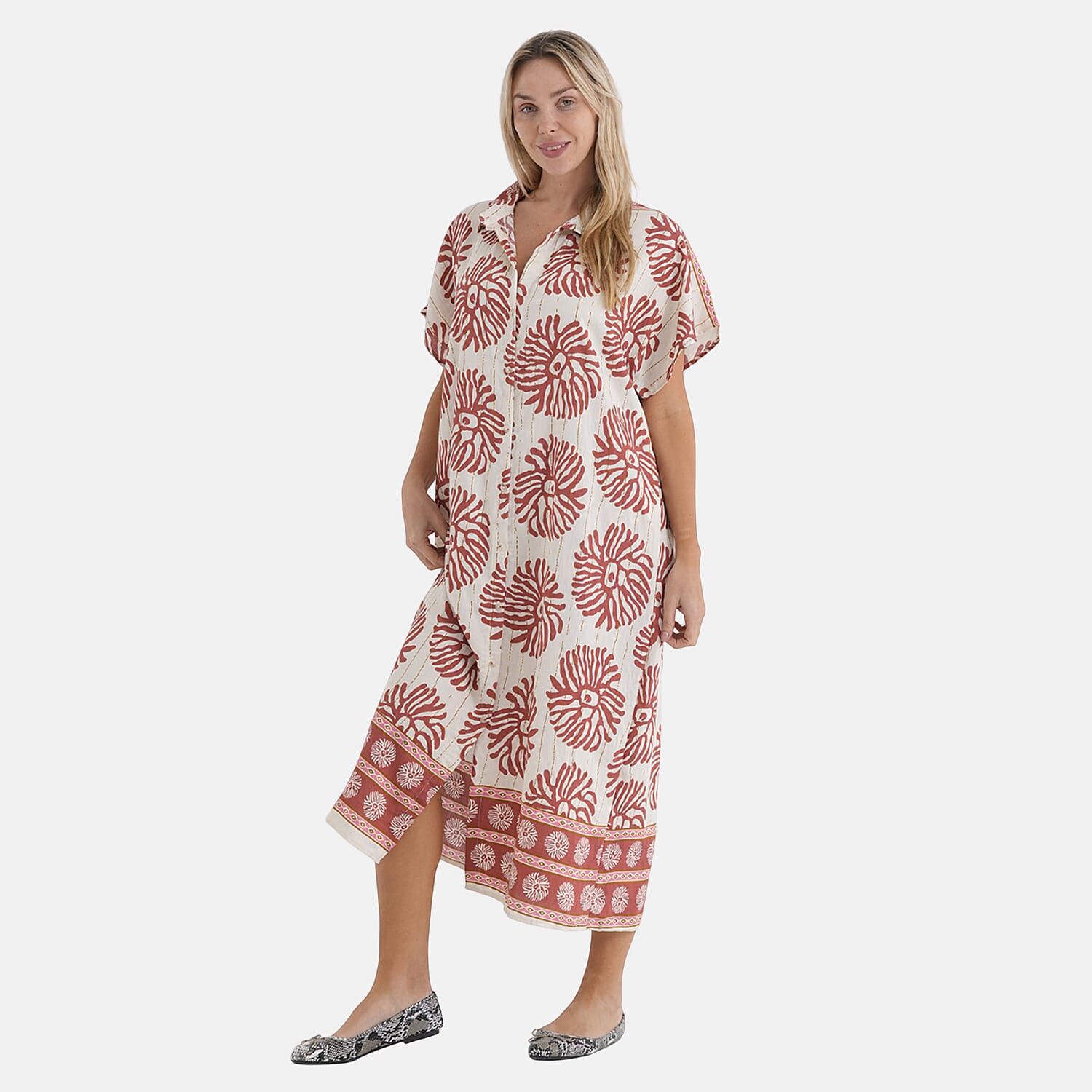 La Marey Woven Long Print Dress in White with Red Flower Pattern - One Size Fits Most