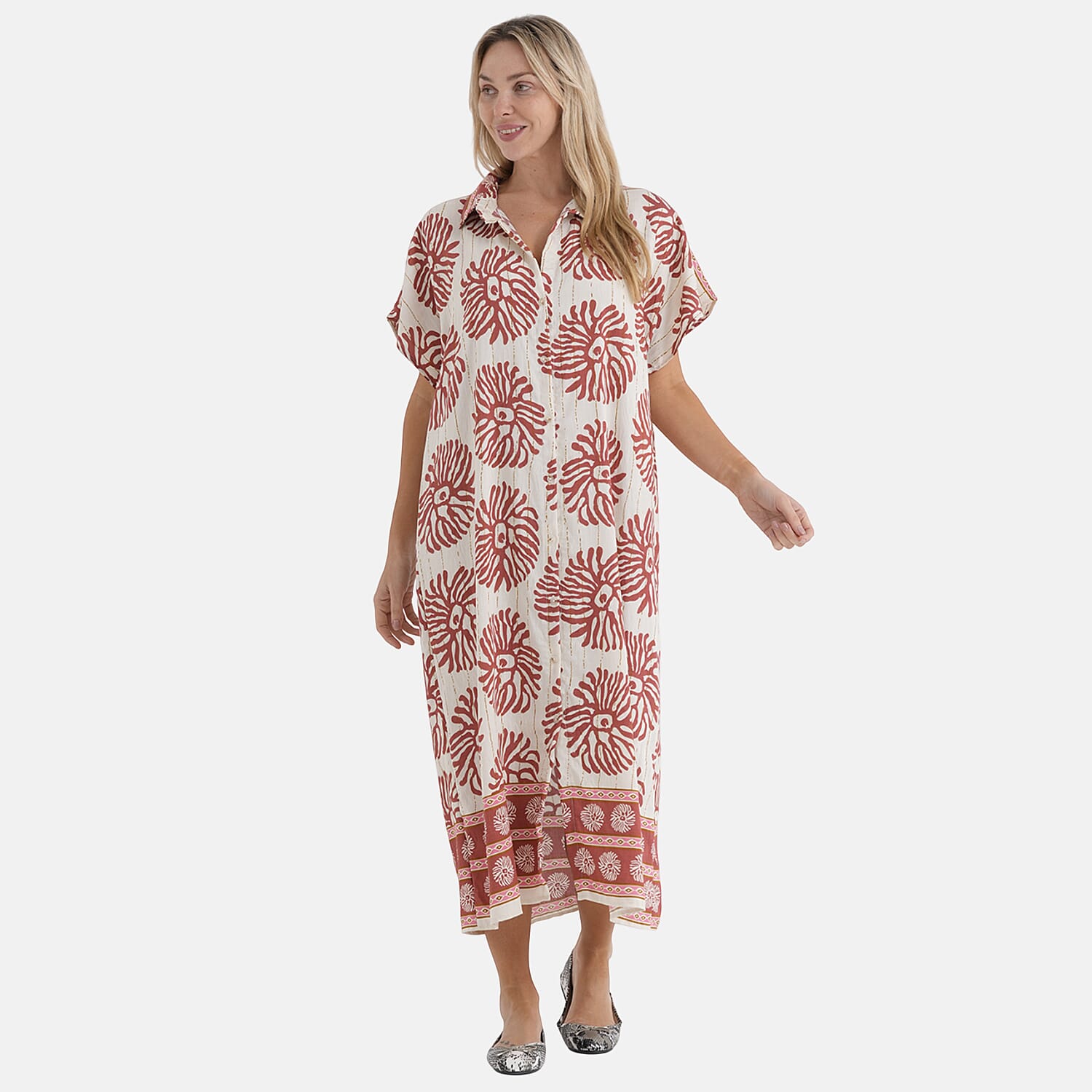 La Marey Woven Long Print Dress in White with Red Flower Pattern - One Size Fits Most